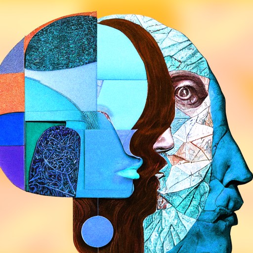 a collage of a woman's face with a colorful background.