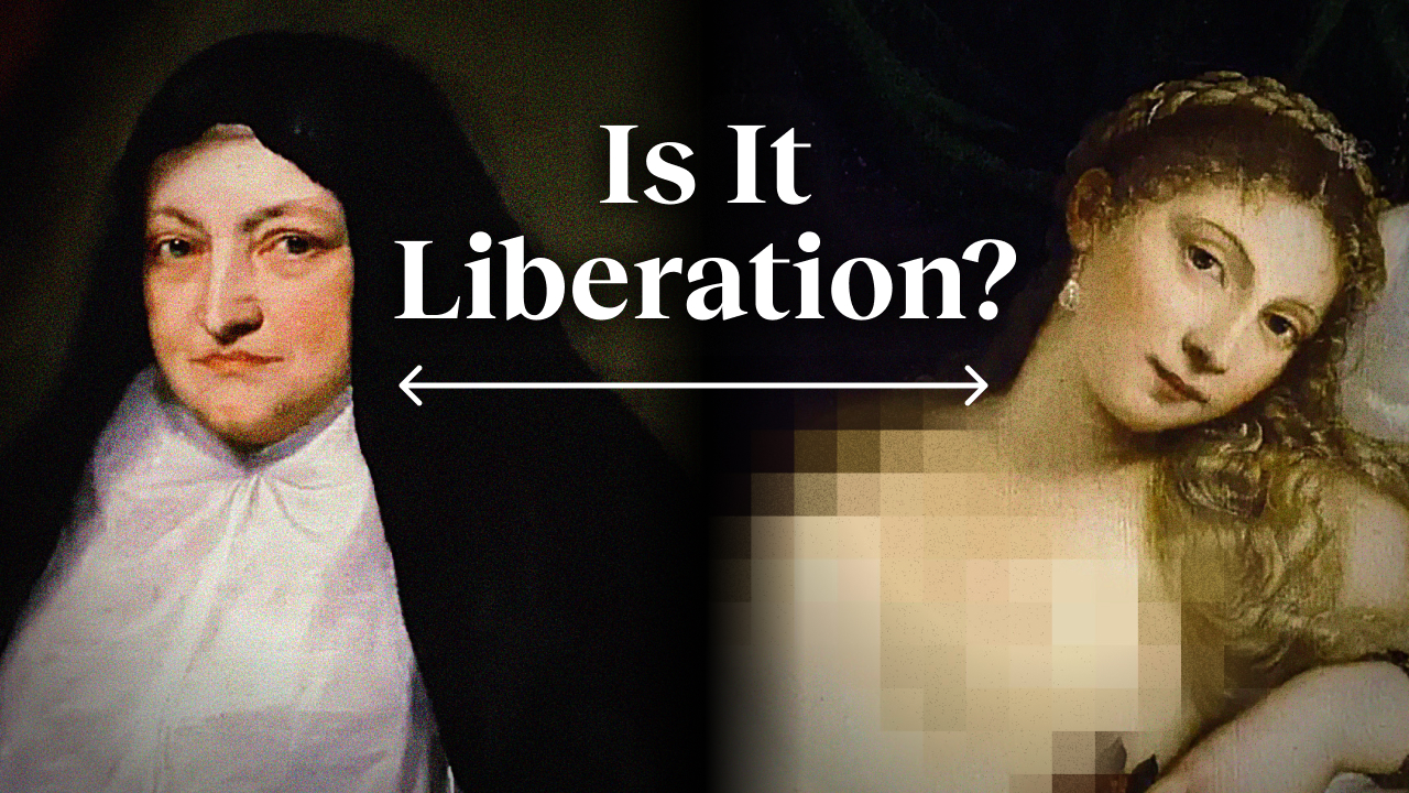 a painting of a woman and a man with the words is it liberation?.