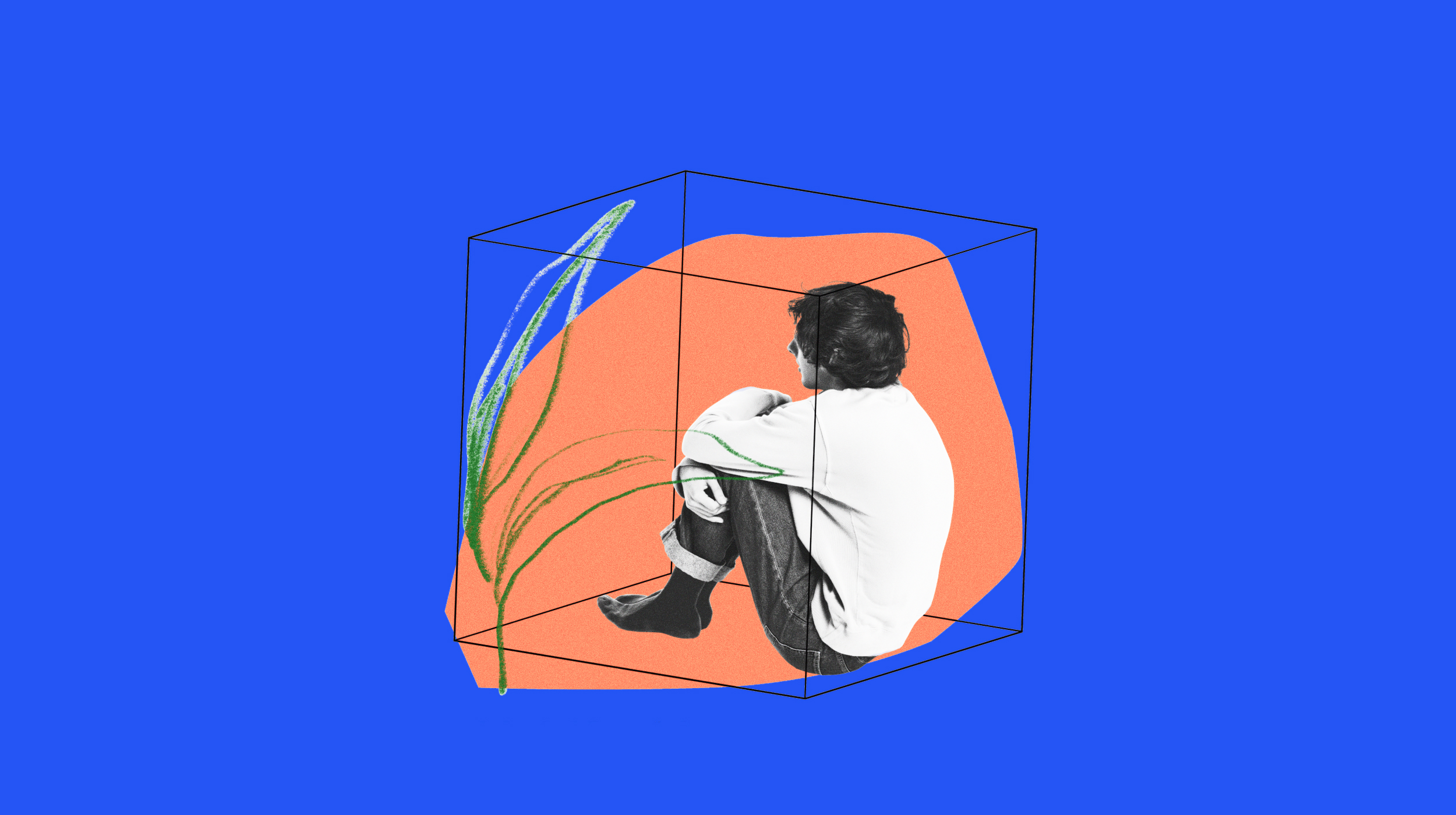 a man sitting in a box with a plant in it.