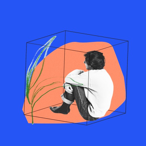 a man sitting in a box with a plant in it.