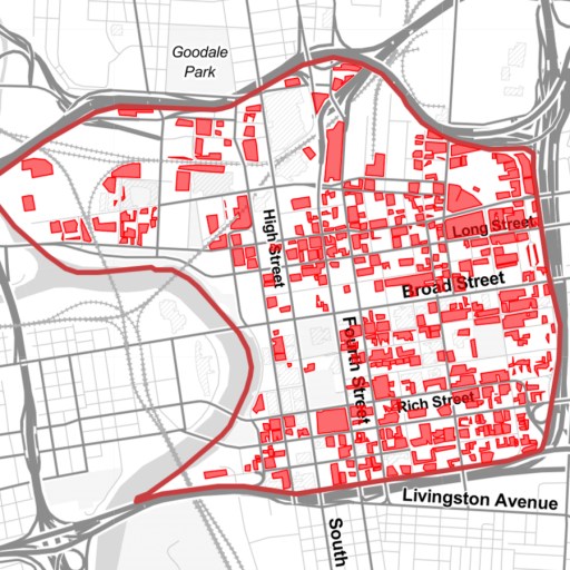 a map of a city with red areas.