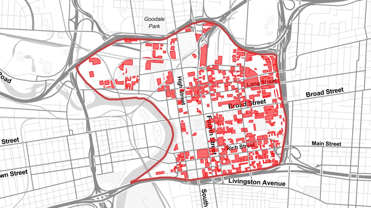 a map of a city with red areas.