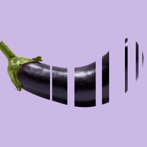 a black eggplant with a green stem sticking out of it.