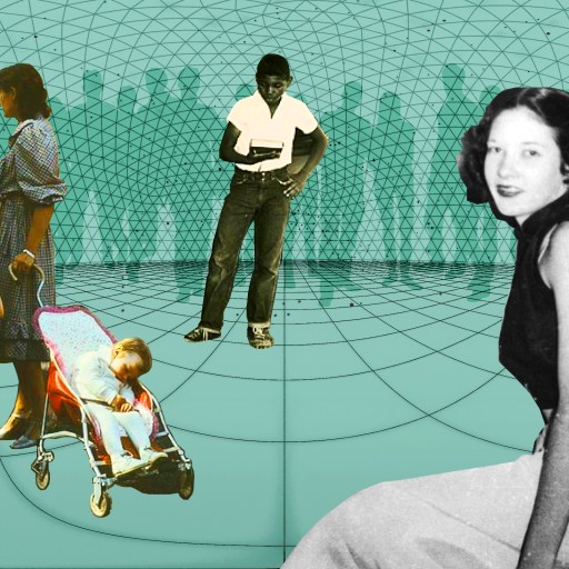 a collage of a woman with a baby in a stroller.