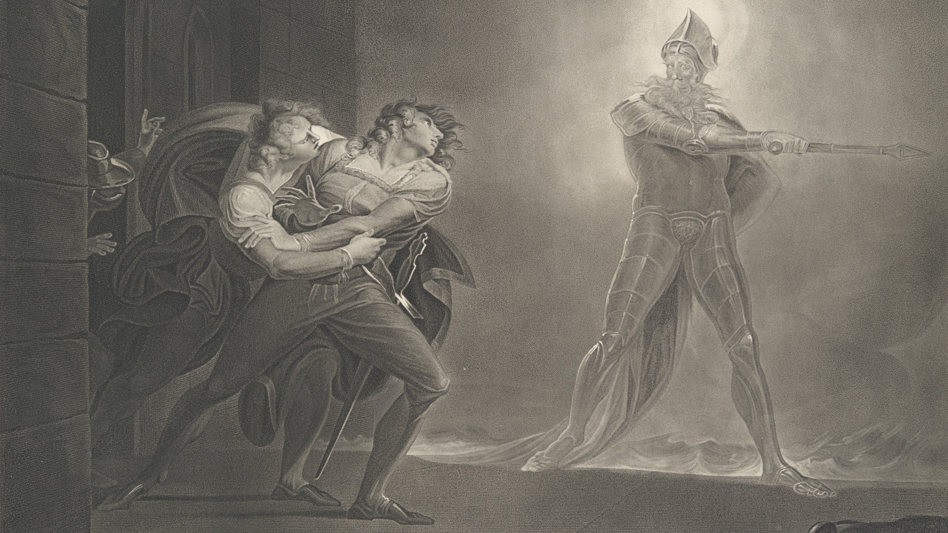 a black and white drawing of a man holding a sword.