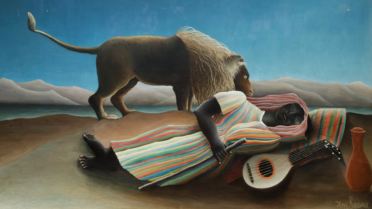 a painting of a man laying on a bed next to a lion.