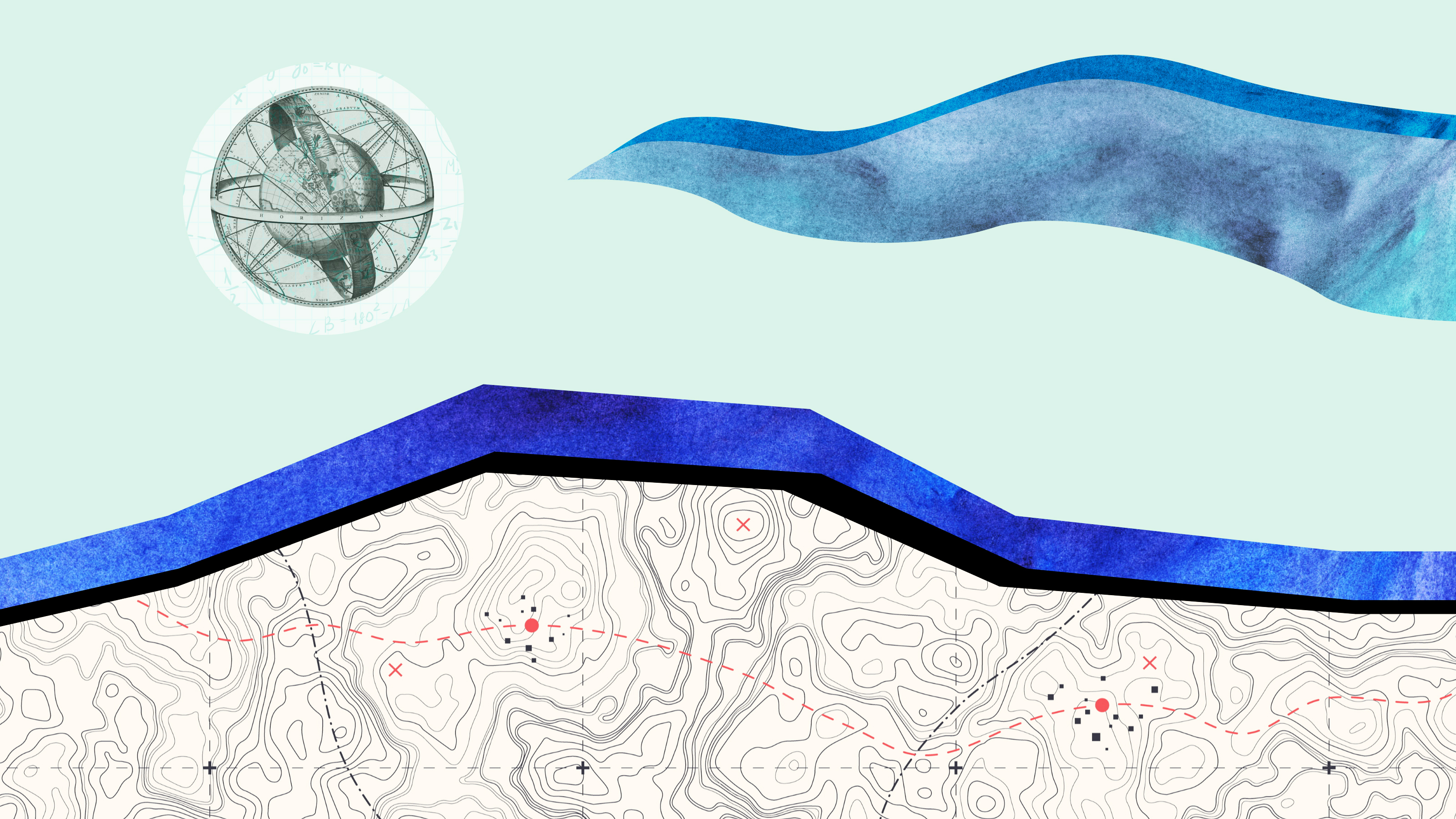 a drawing of a mountain and a satellite dish.