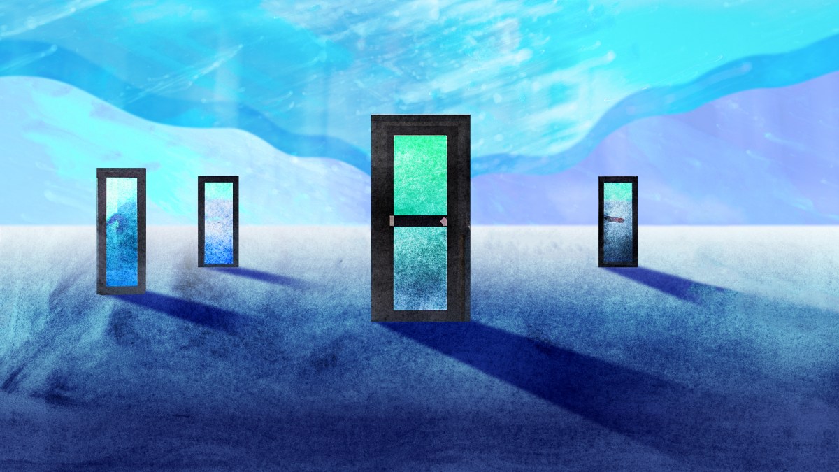 a group of open doors in front of a blue sky.