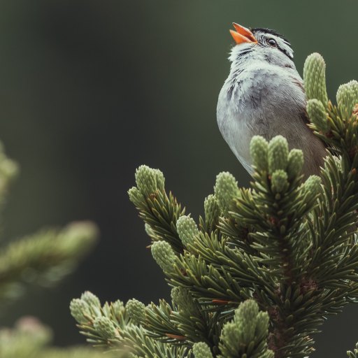 a small bird perched on top of a pine tree.