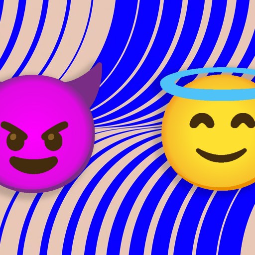 a devil and angel emoji on a graphic background