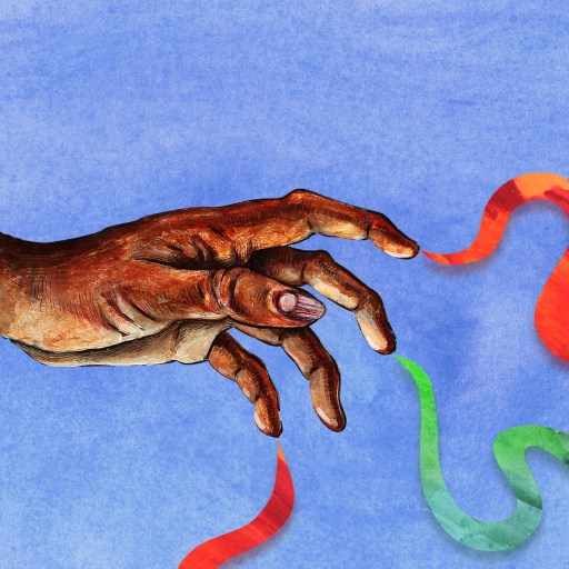 a painting of a hand reaching with colors coming out of it.