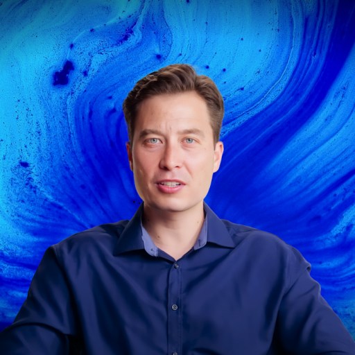 A man in a blue shirt sits in front of a vivid blue and turquoise swirling abstract background.