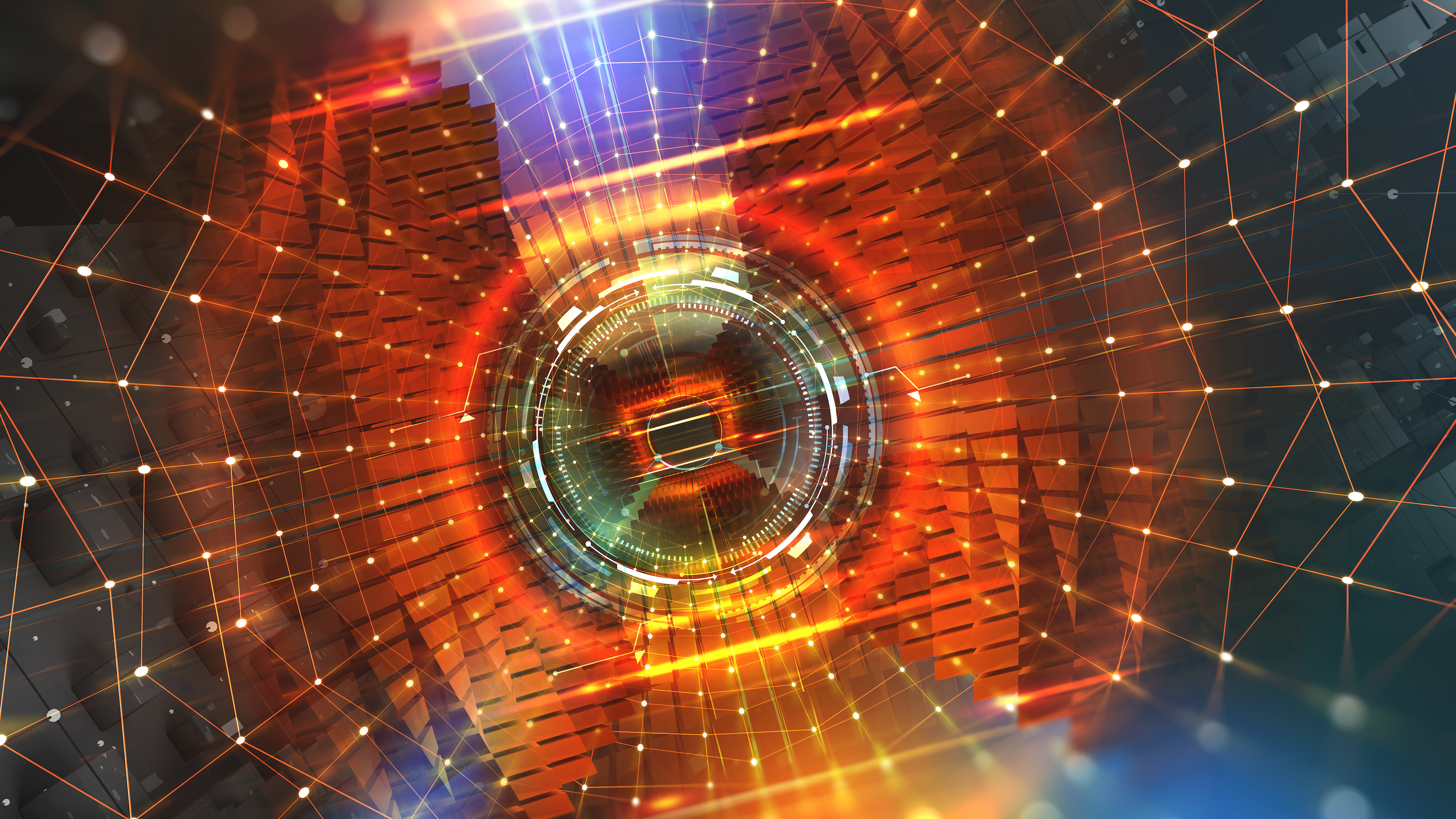 an abstract image of a circular object surrounded by lines and dots.