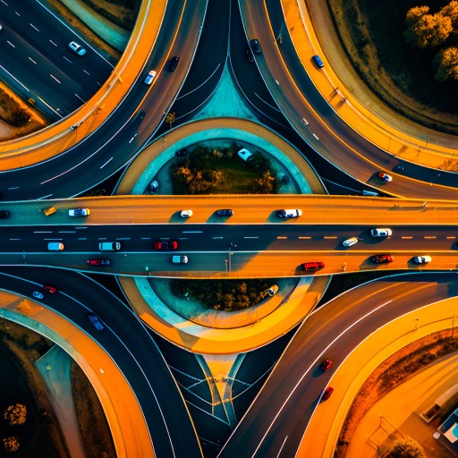 an aerial view of a highway intersection at night.