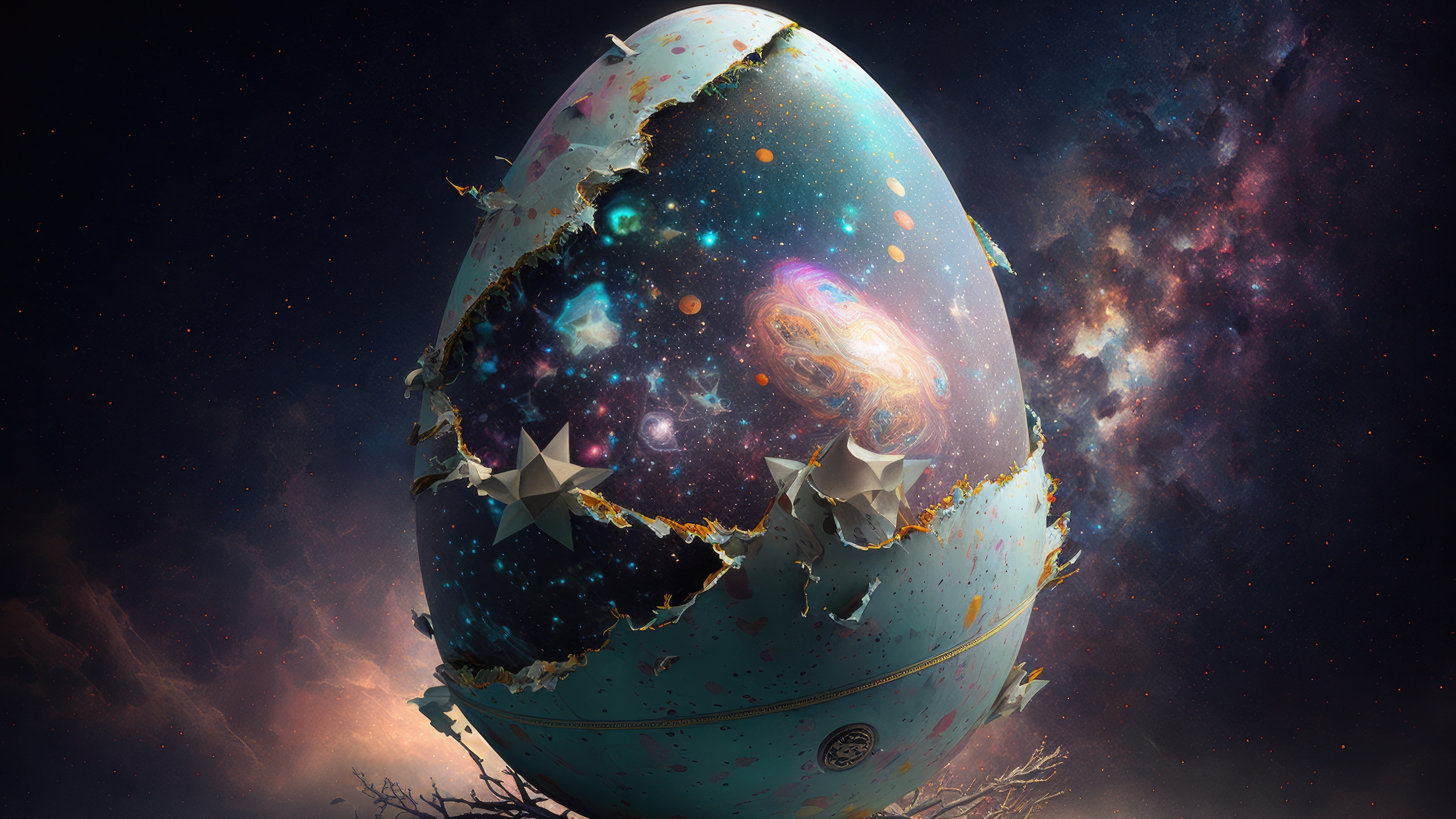 a large egg with stars on it sitting in the middle of the universe