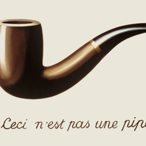 A realistic illustration of a smoking pipe with the French text "Ceci n'est pas une pipe" written below it on a plain background.