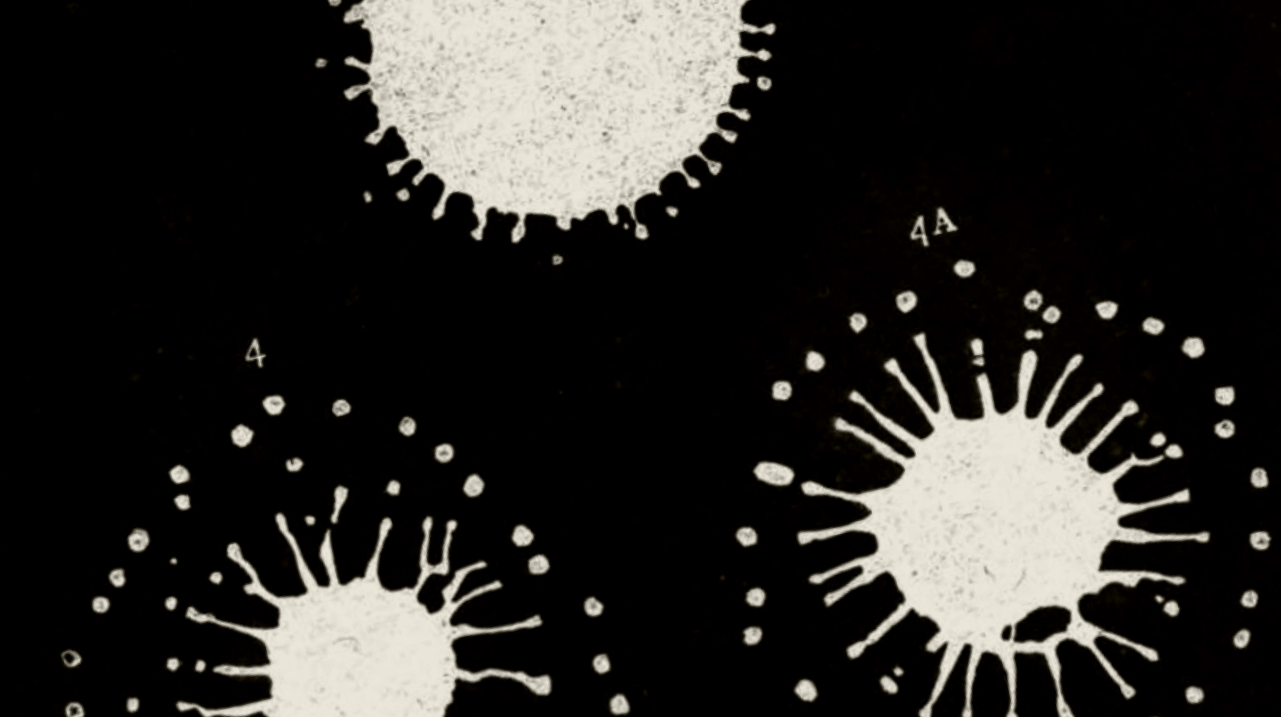 Three circular, splattered white shapes on a black background, each labeled with numbers, resembling ink blots or stylized microorganisms.
