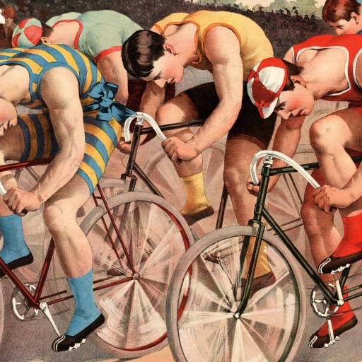 a painting of a group of naked men riding bicycles.