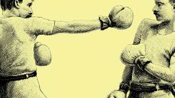 Illustration of two boxers in vintage-style attire, with one boxer extending a punch toward the other against a yellow background.