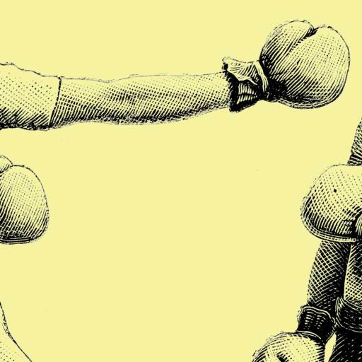 Illustration of two boxers in vintage-style attire, with one boxer extending a punch toward the other against a yellow background.