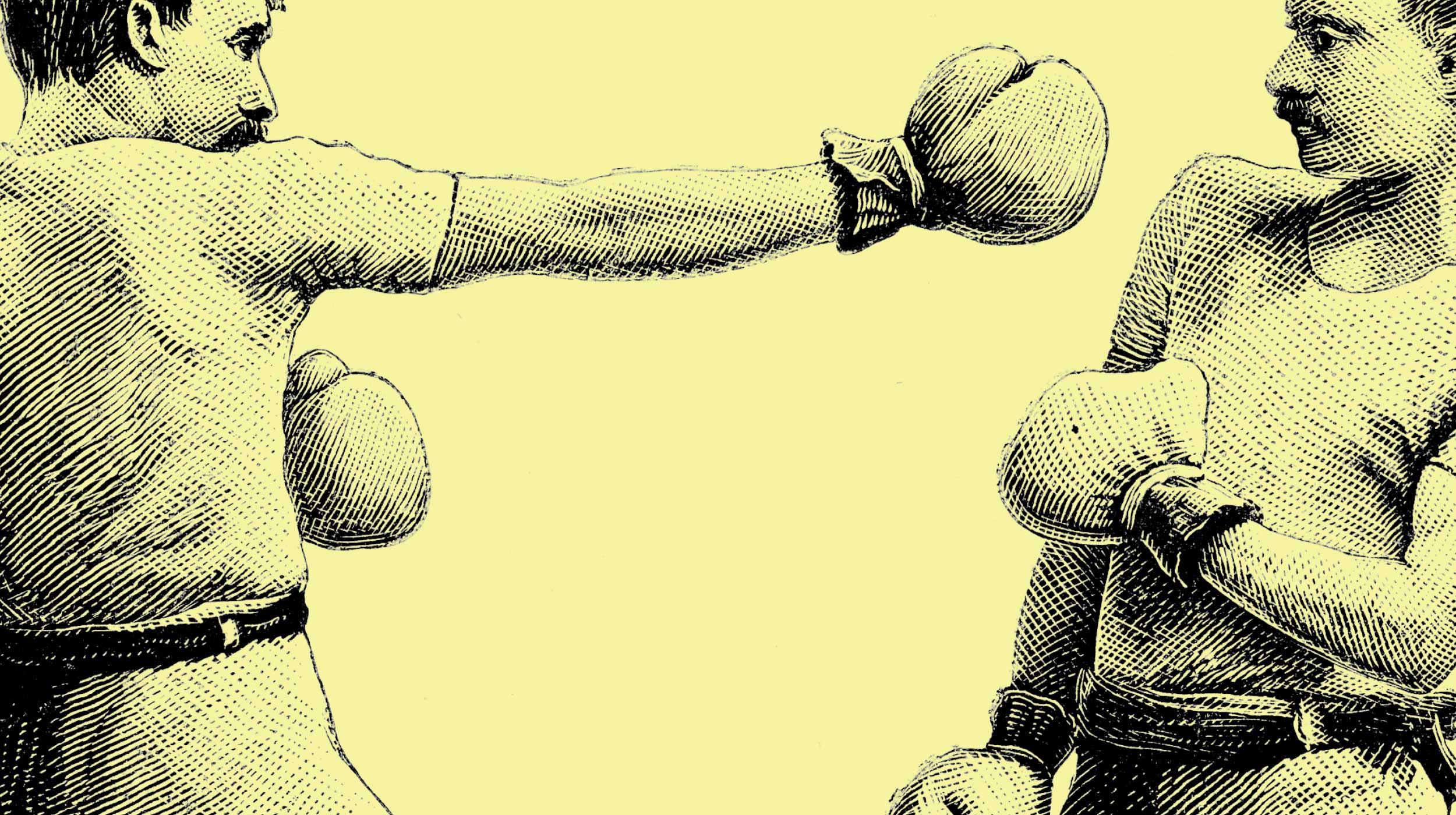 Illustration of two boxers in vintage-style attire, with one boxer extending a punch toward the other against a yellow background.