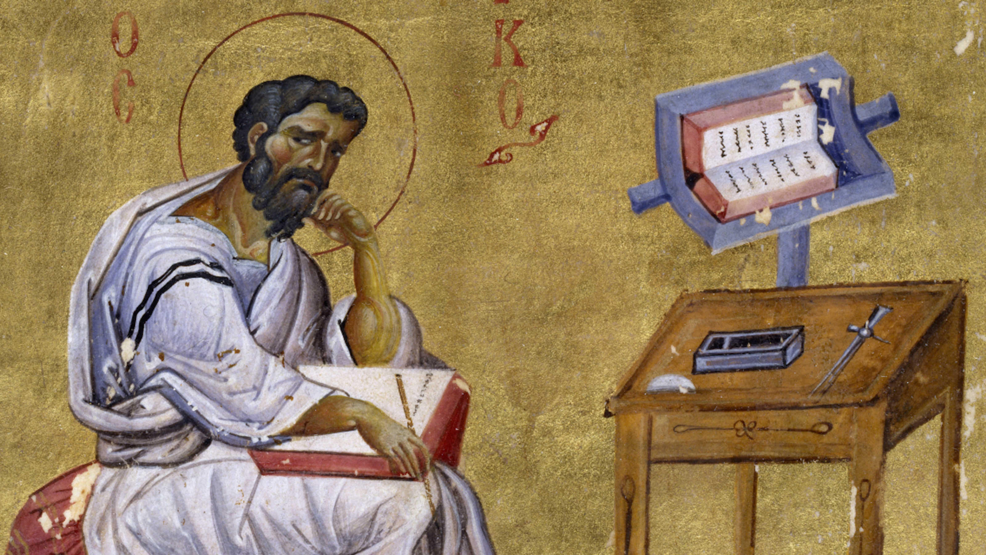 a painting of a man sitting in front of a desk.