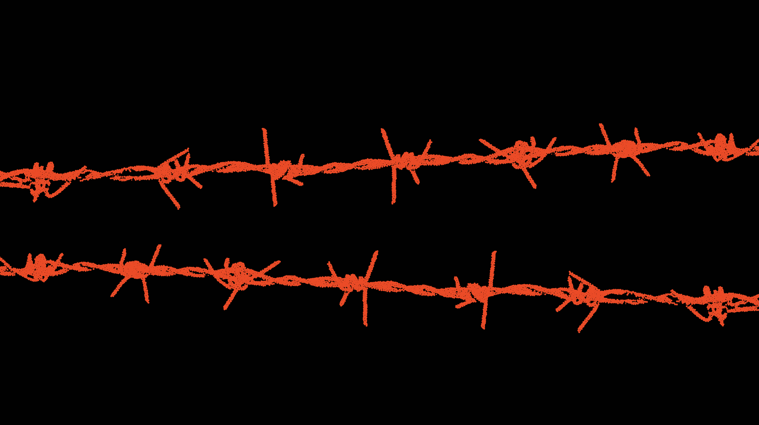 Two parallel strands of orange barbed wire set against a black background.