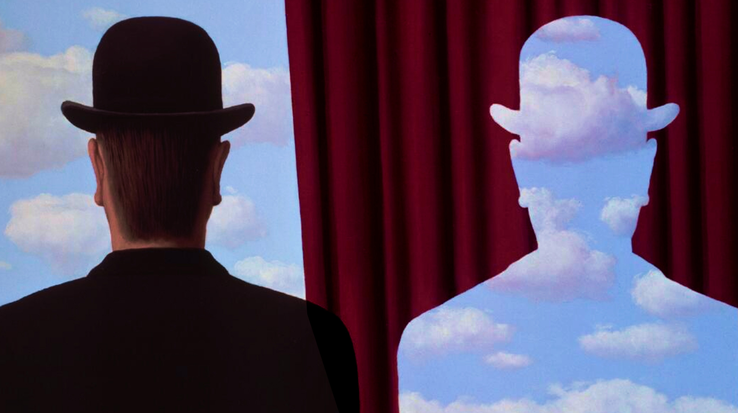 A person in a bowler hat stands before red curtains; next to them is a silhouette with a sky and clouds pattern matching the background.