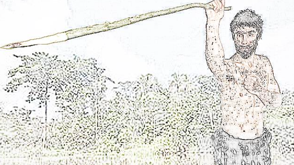 a drawing of a man holding a spear