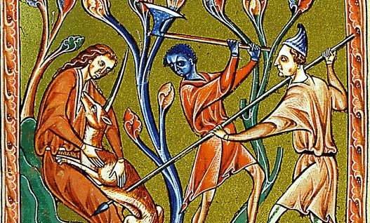 a painting of a man and a woman playing instruments.