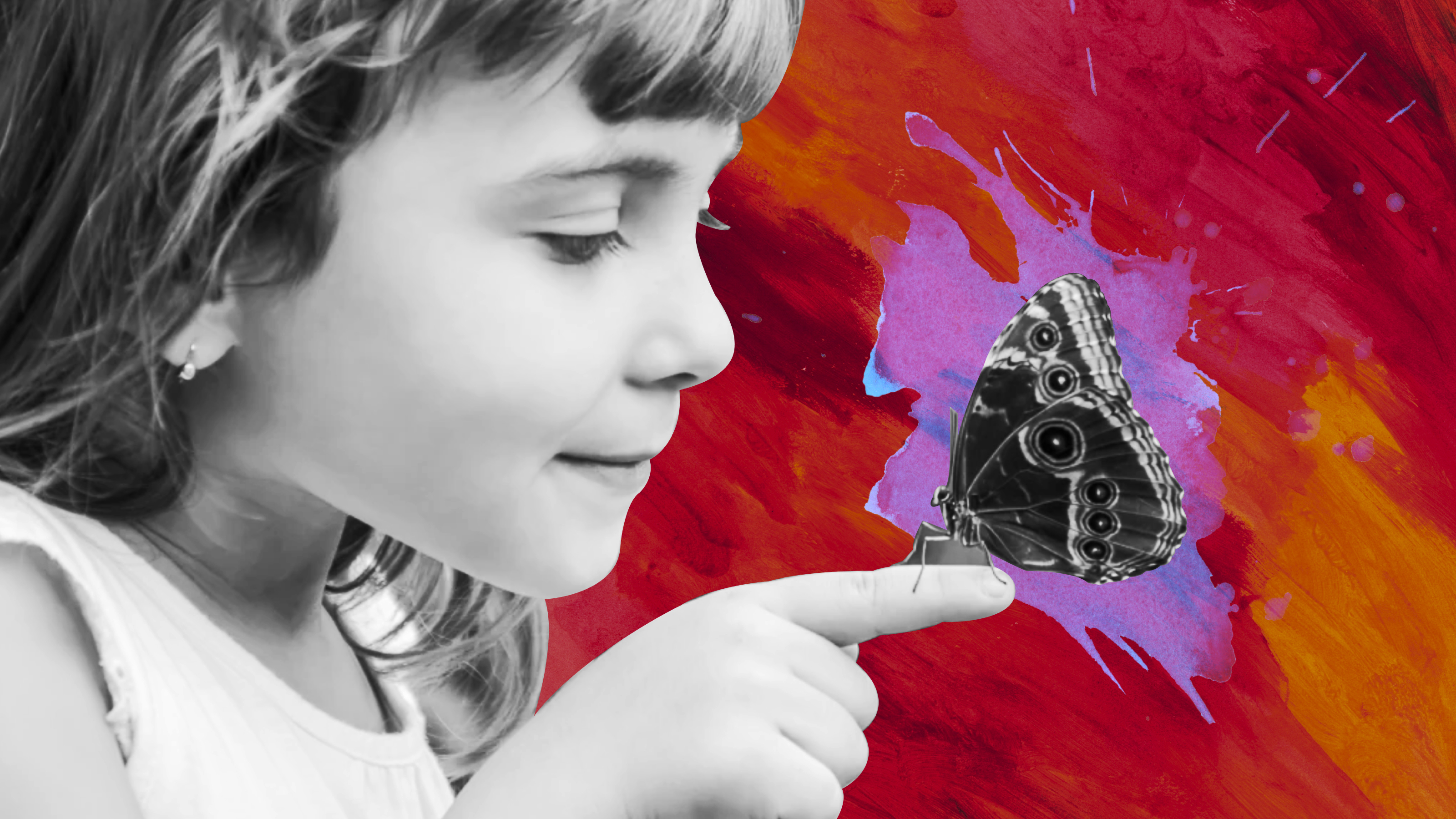 a little girl holding a butterfly in her hand.