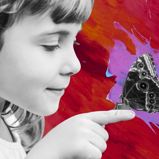 a little girl holding a butterfly in her hand.