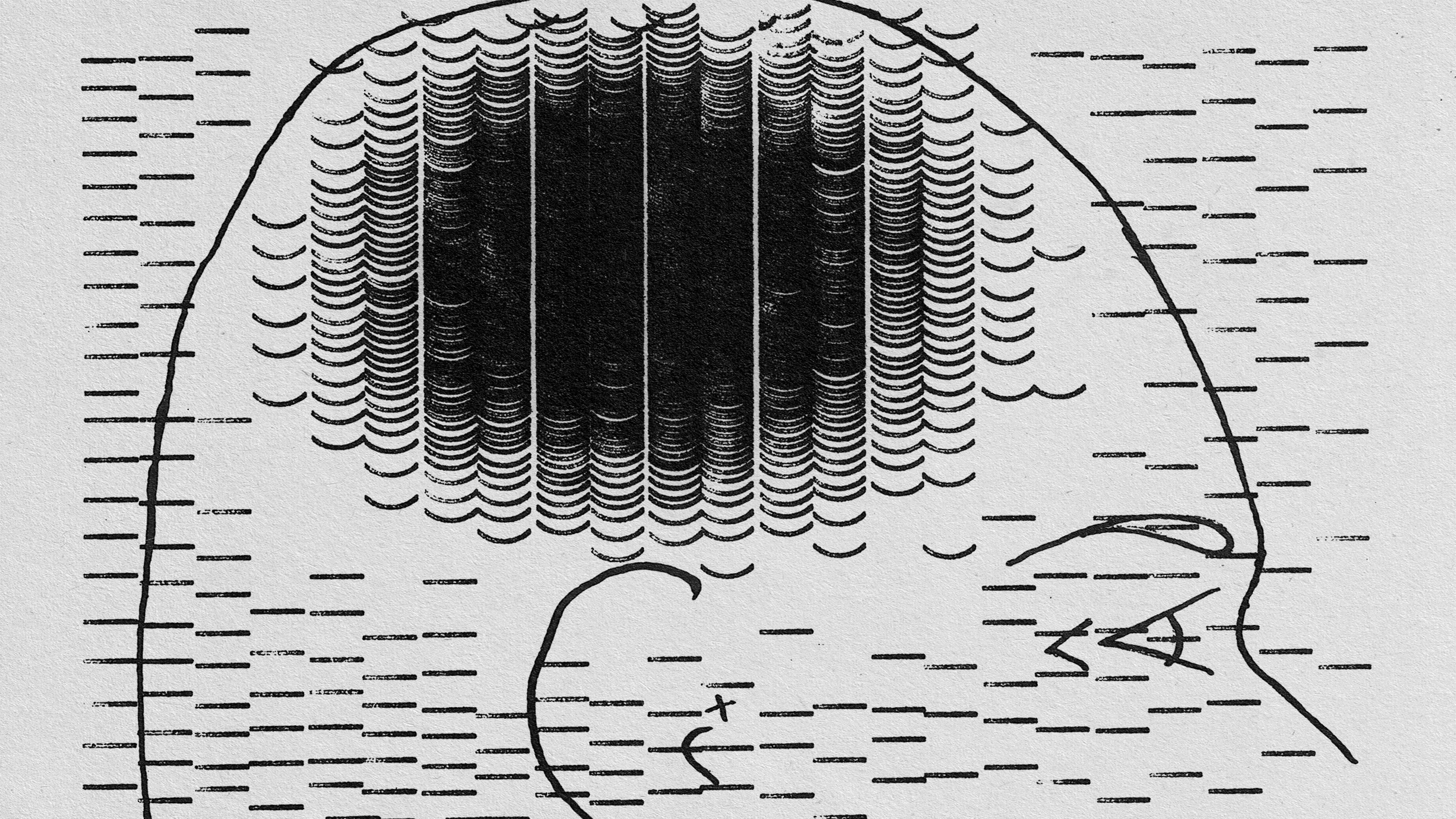 A monochromatic illustration of a man's head.