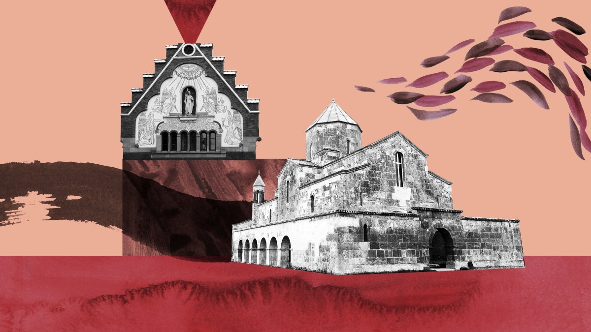 a painting of a building with a red sky in the background.