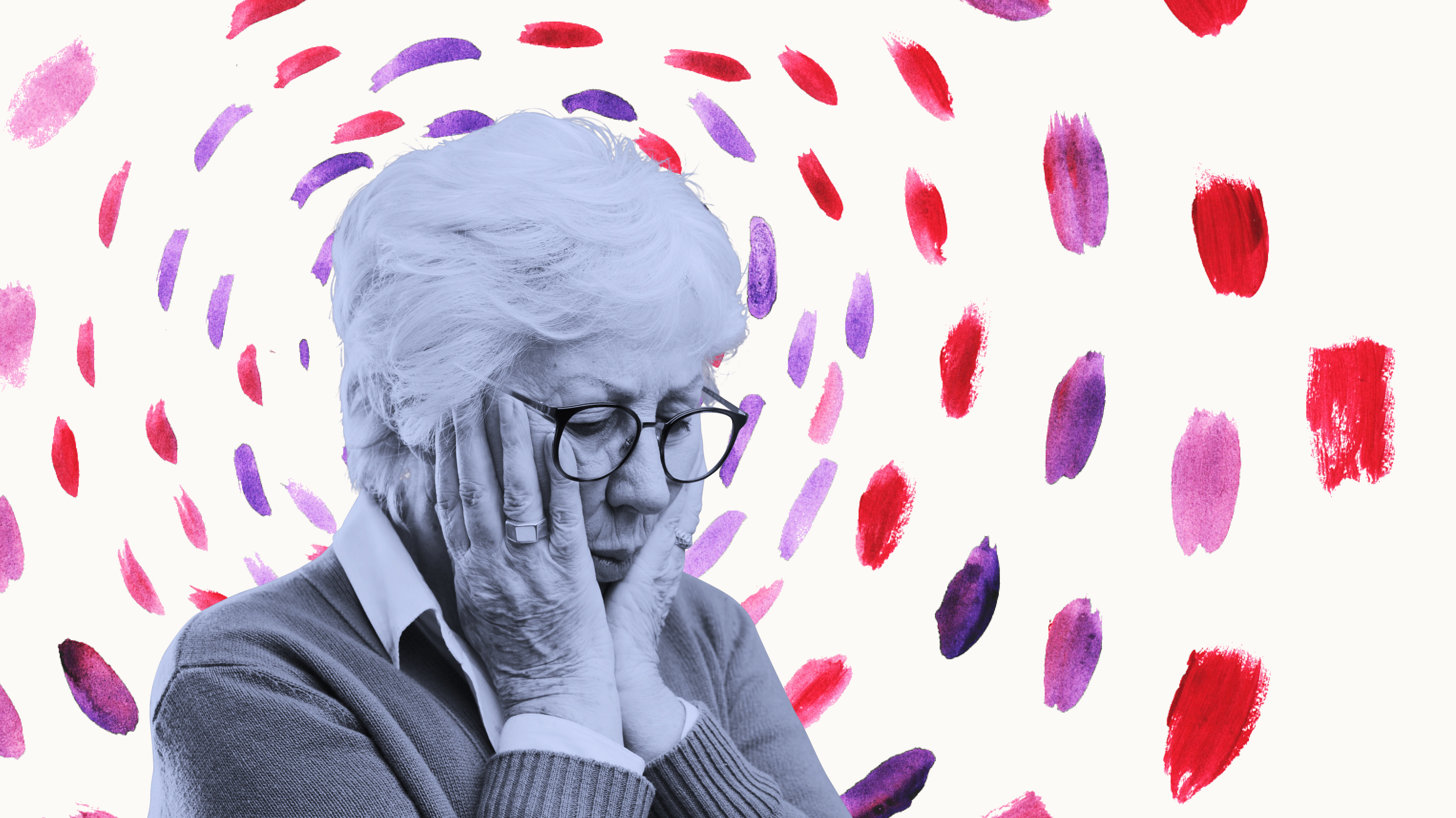 an older woman with glasses is covering her face.