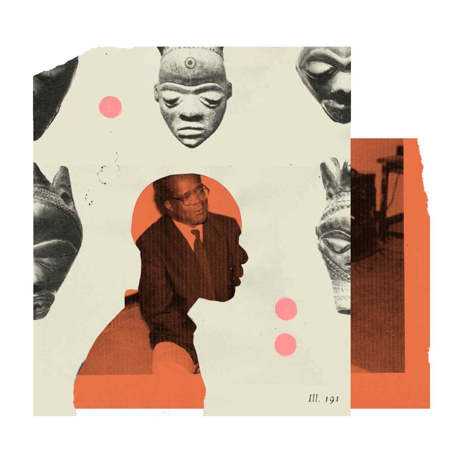 a collage of a man in a suit surrounded by masks.