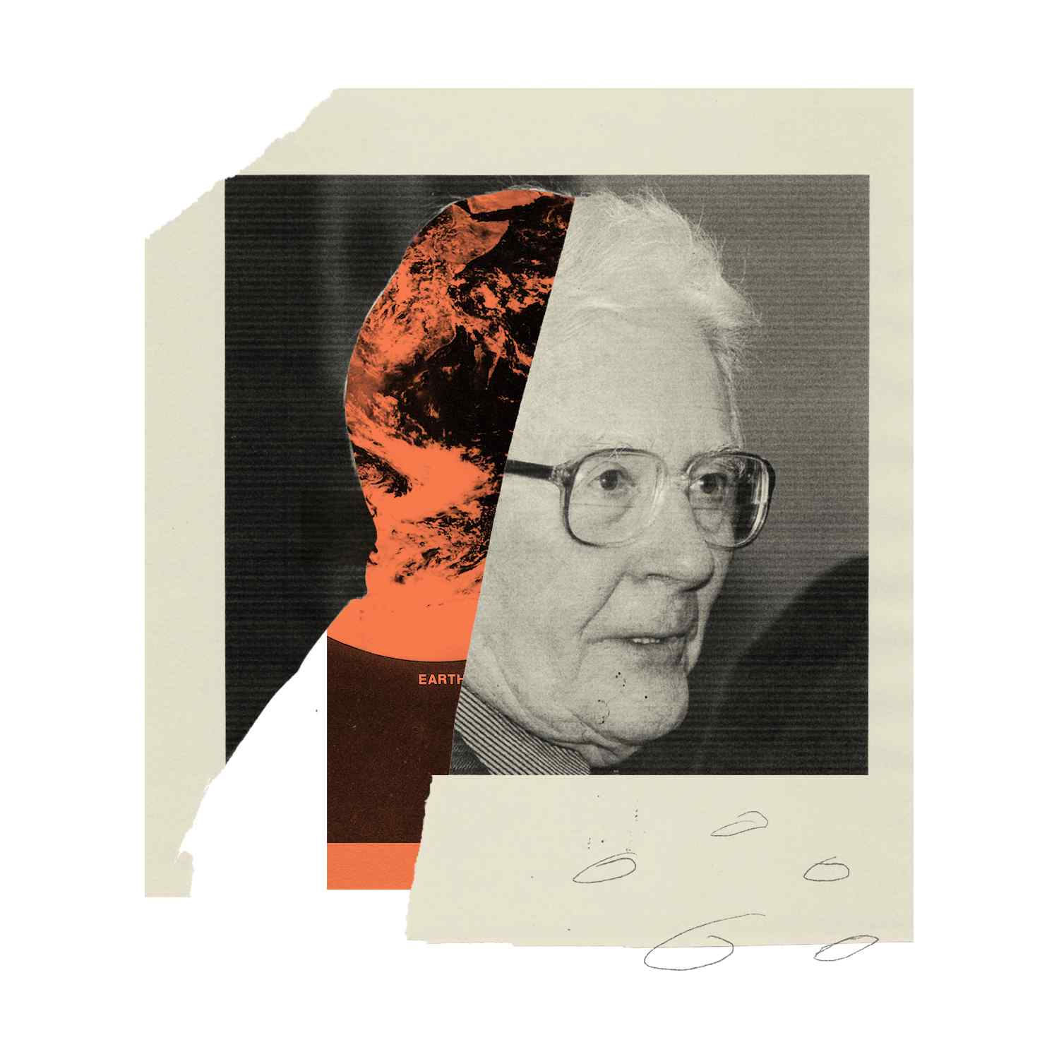 a collage of a man with glasses and a globe.