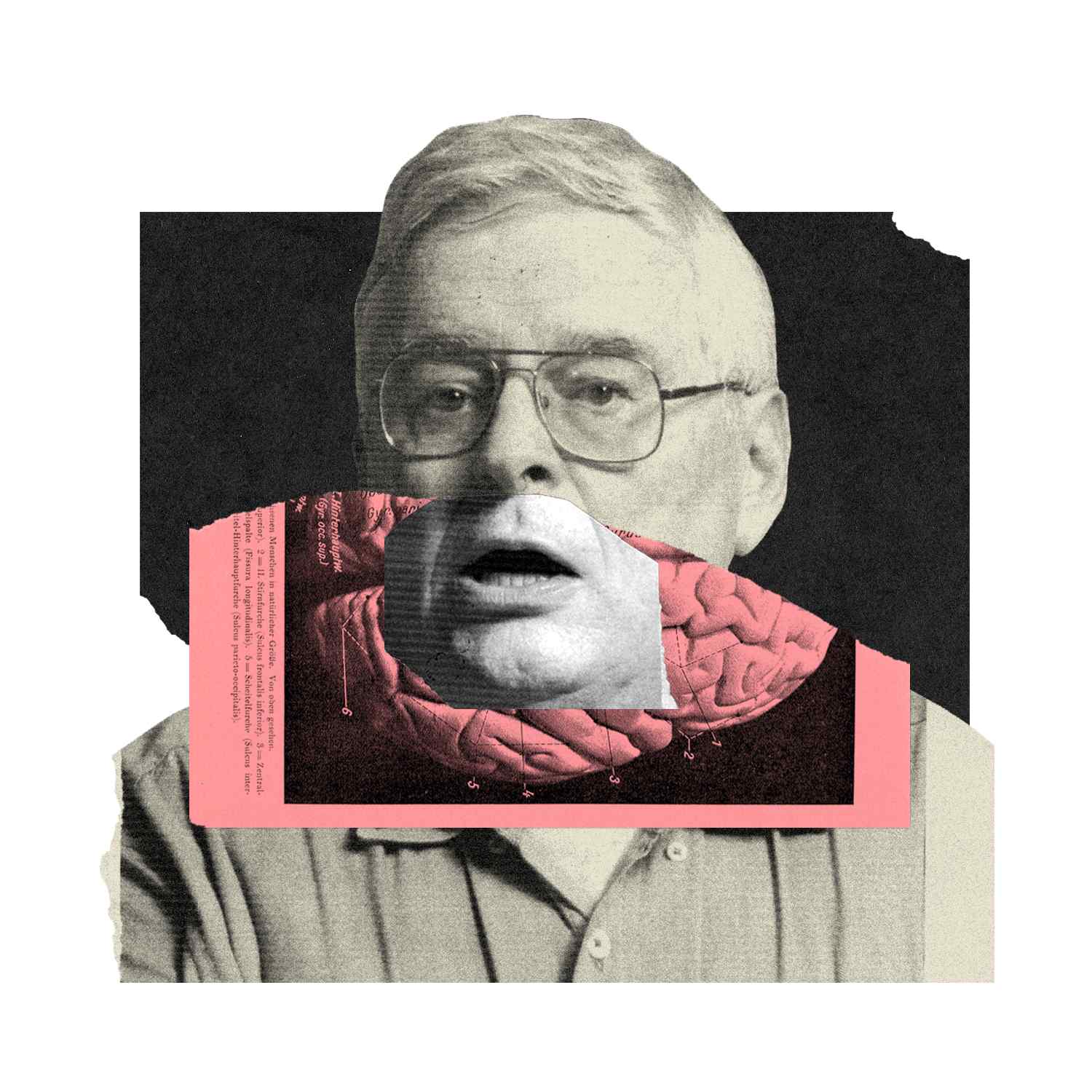 a collage of a man with a brain in his mouth.