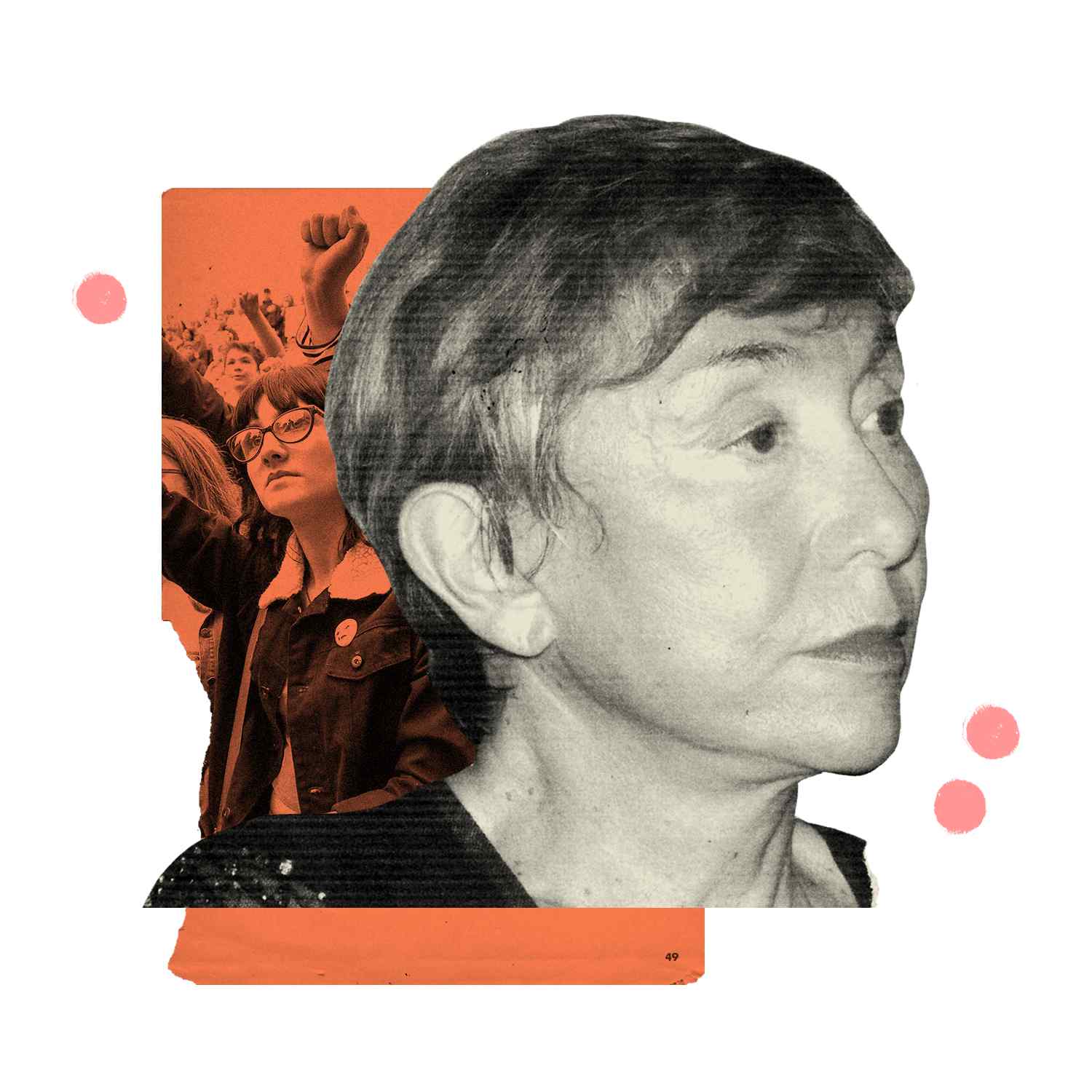 a collage of a woman's face with people in the background.