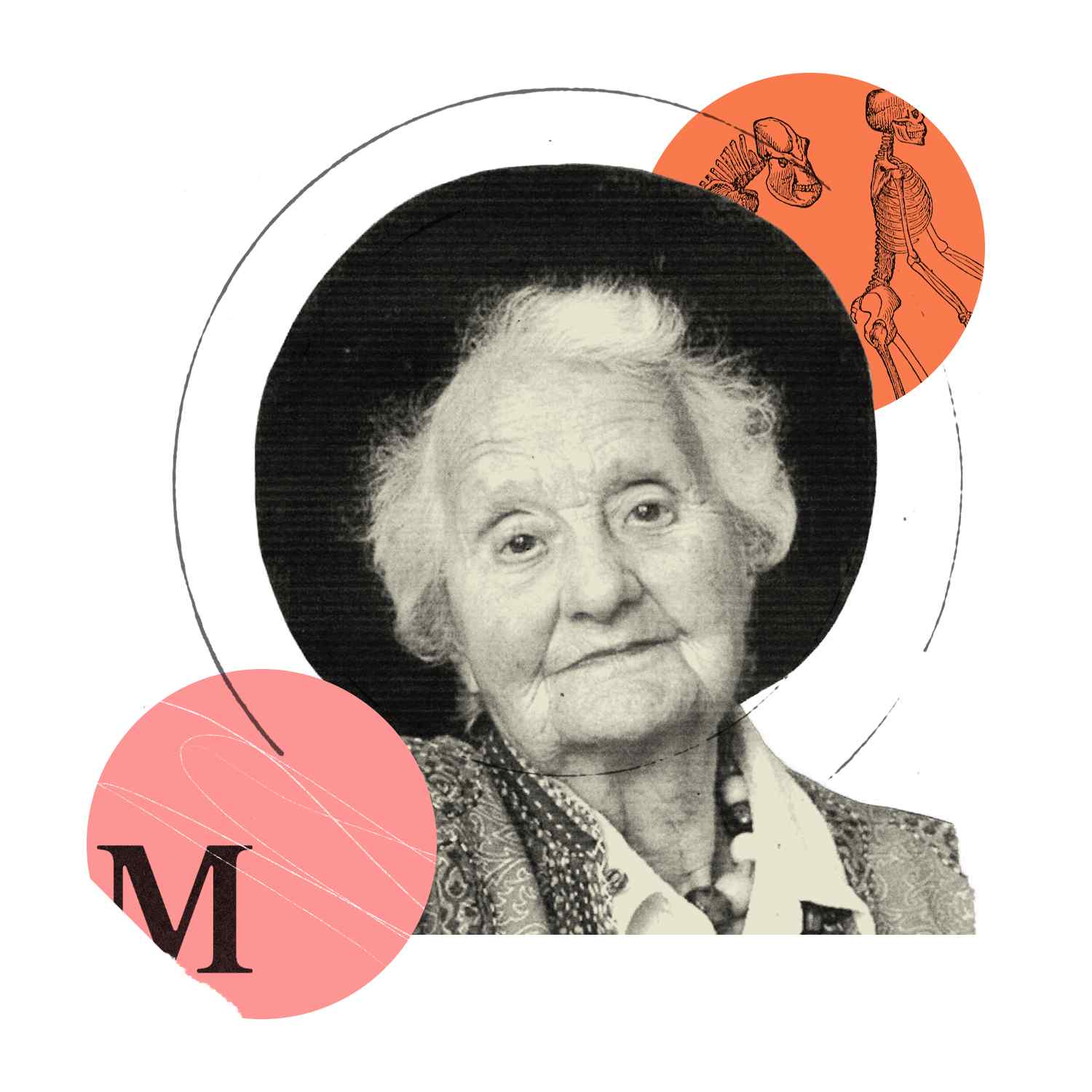 an old woman with a hat and some circles around her.