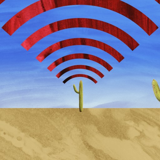 a painting of a desert scene with a red wifi symbol.