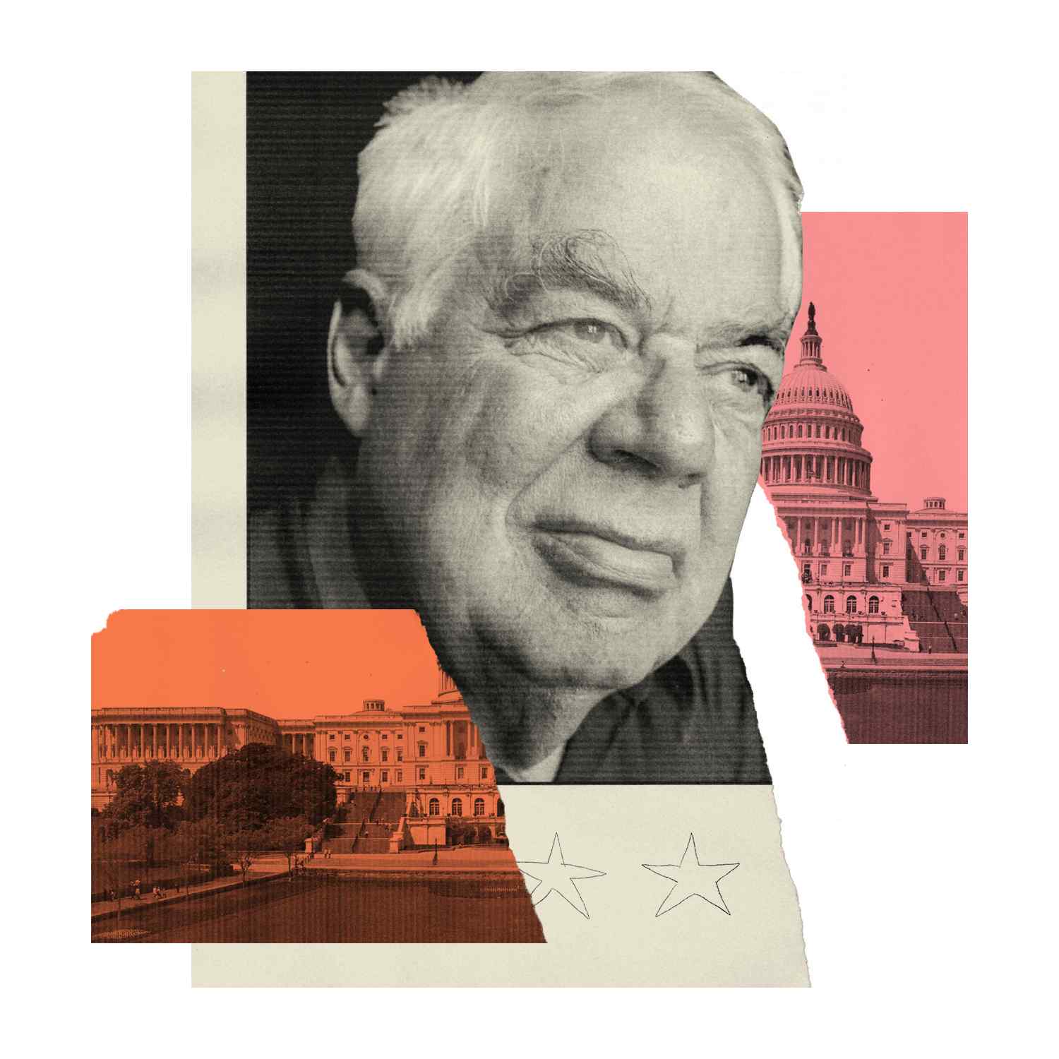 a collage of a man's face with a capitol building in the background.