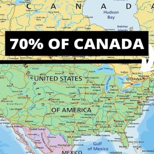 a map of the united states with the words 70 % of canada.