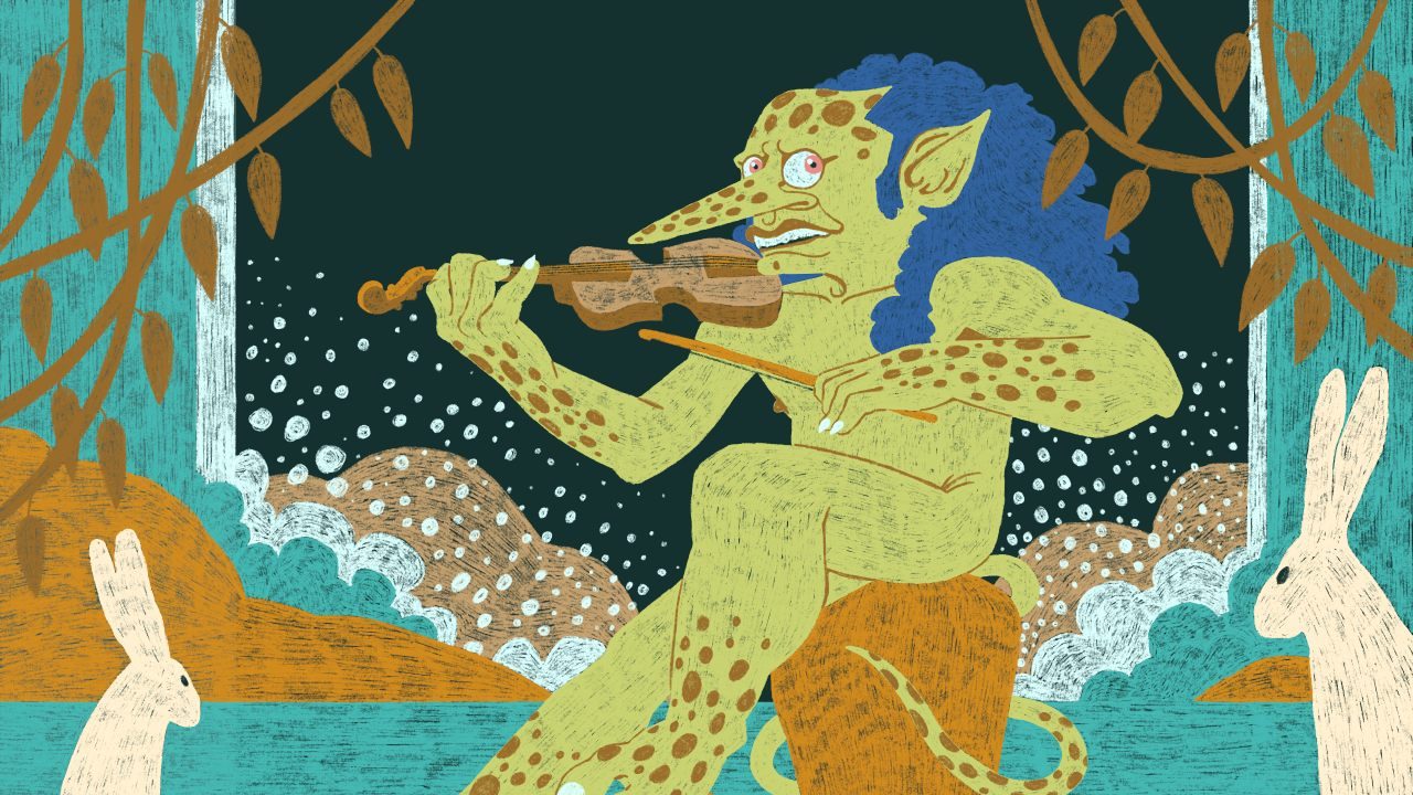 a drawing of a man playing a violin.