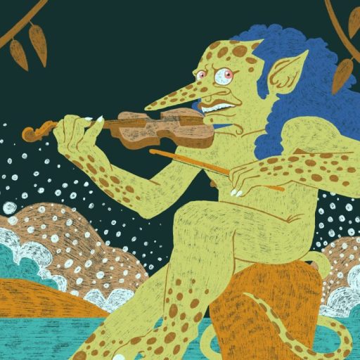 a drawing of a man playing a violin.