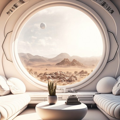 a futuristic living room with a large round window.