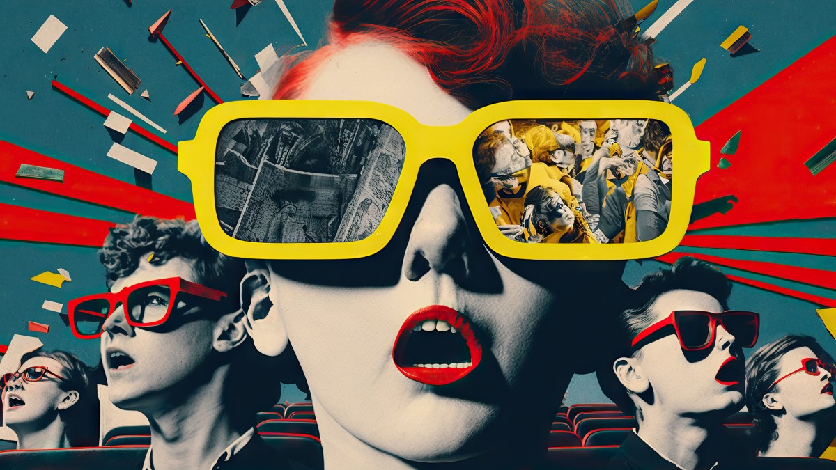 a woman with red hair and yellow glasses.