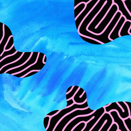 a painting of a couple of zebras on a blue background.