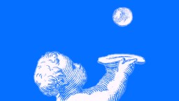 A vintage-style illustration of a child holding up a plate and looking at a ball or orb floating above it, set against a solid blue background.