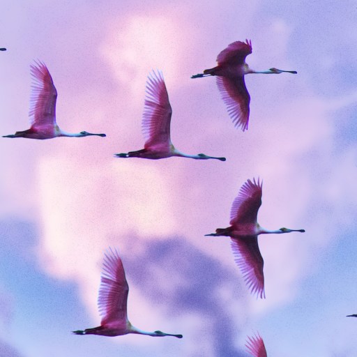 a flock of pink birds flying through a cloudy sky.